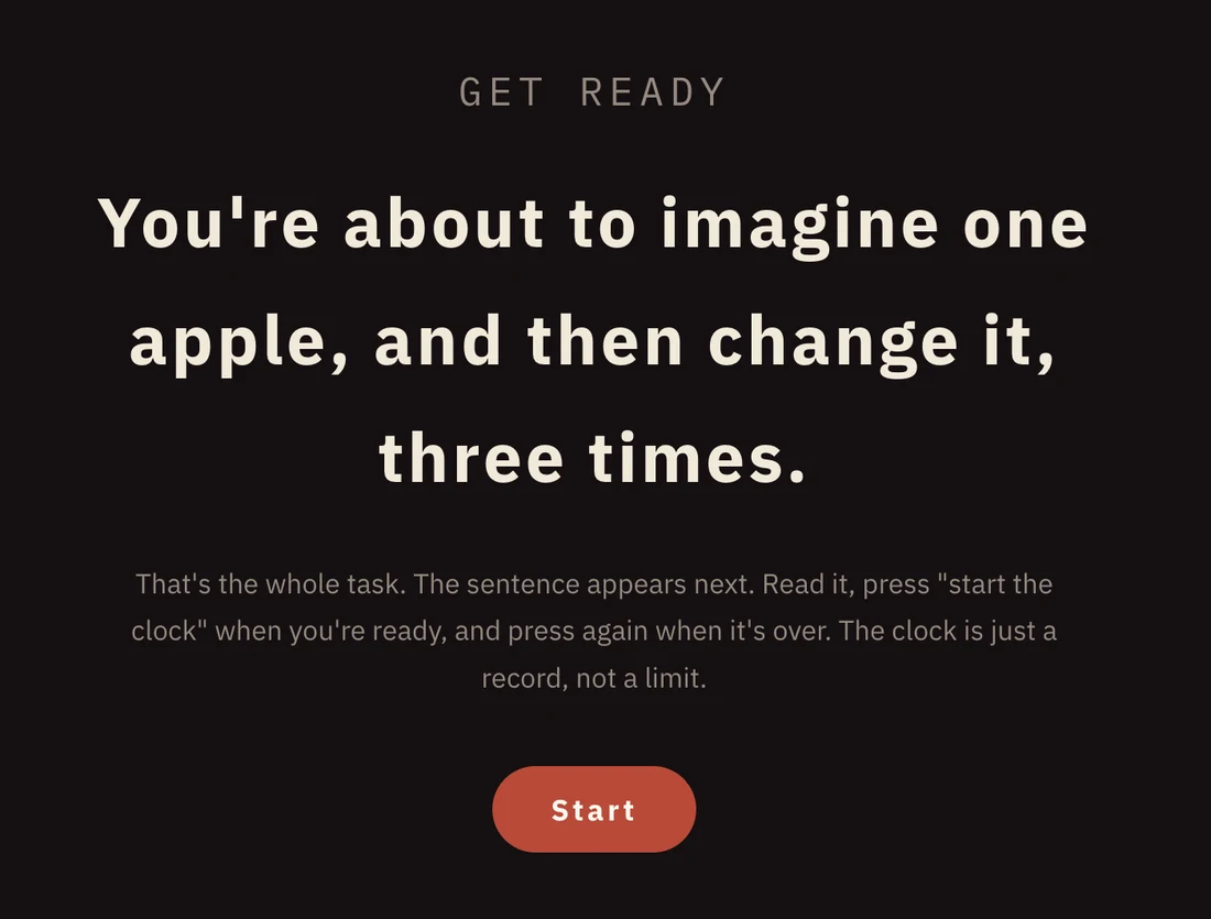 The task screen: You are about to imagine one apple, and then change it, three times, above a Start button.