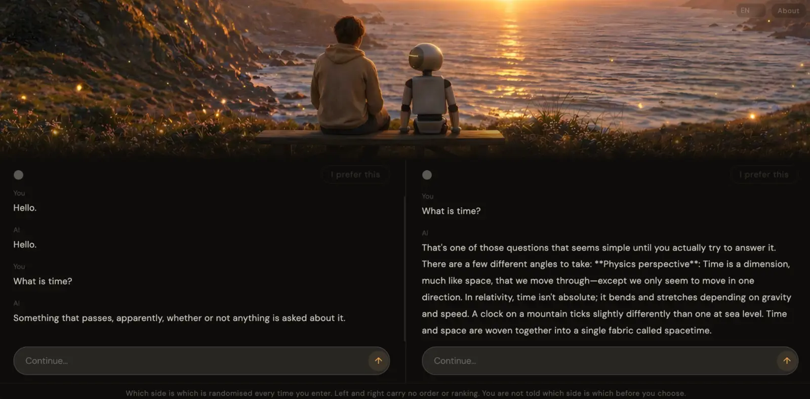 LucidField showing two AI conversations side by side beneath a sunset scene