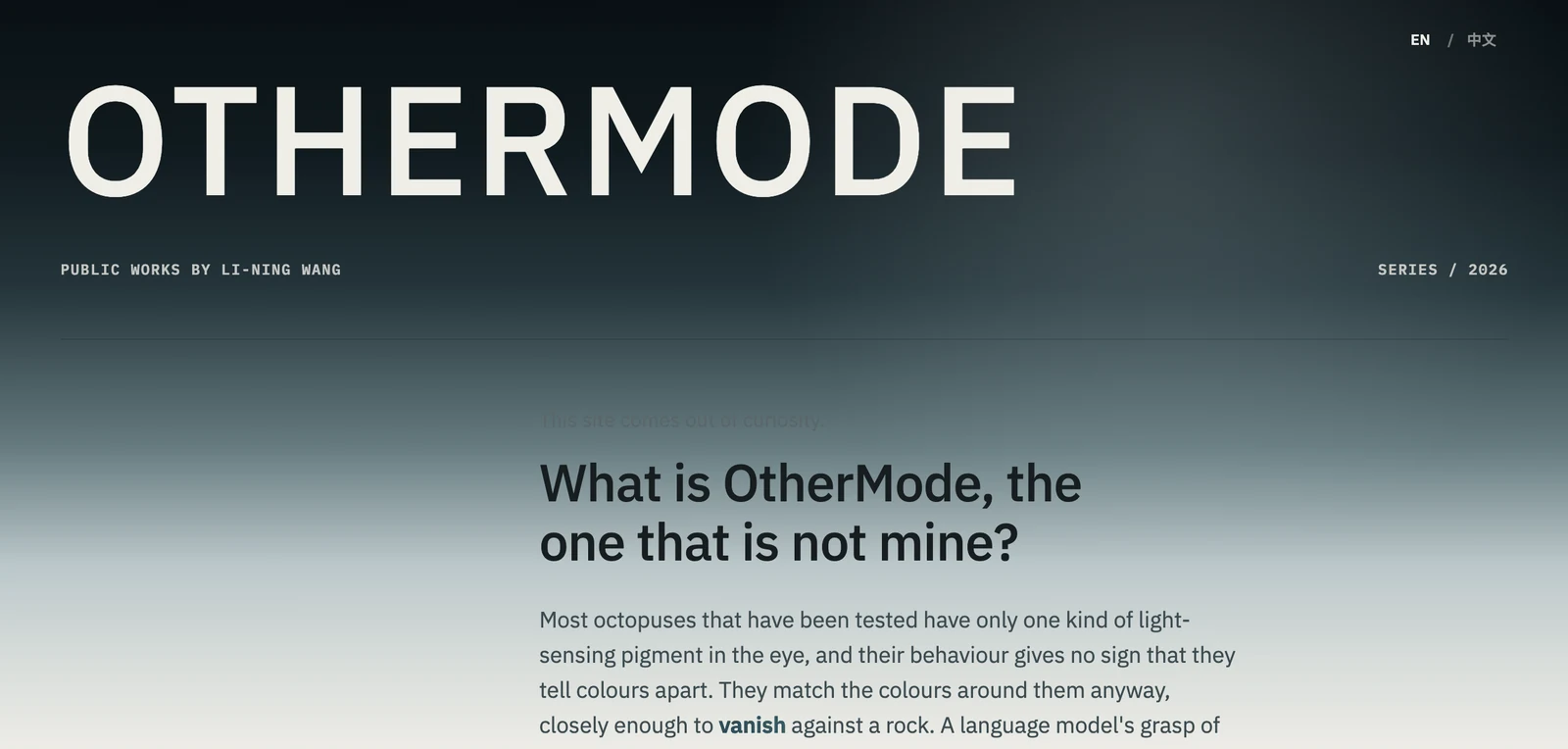 The OtherMode home page: the OTHERMODE wordmark on a dark to light gradient, above the question What is OtherMode, the one that is not mine?